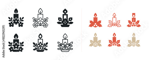 Decorative candle icons with floral motifs in various styles and colors