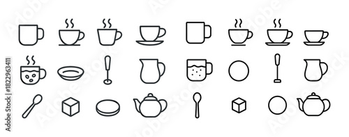 Coffee and tea icon set featuring cups, mugs, teapots, and spoons