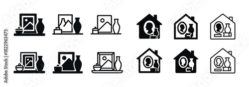 Black and white decorative icons of art, vases, and houses