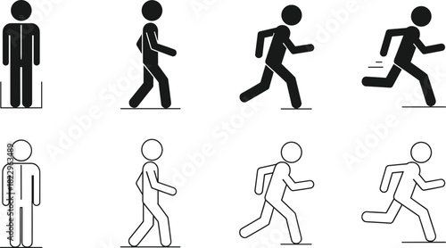 Minimalist stick figure motion icons illustrating standing, walking, running, and sprinting actions, ideal for animation, UI/UX design, infographics, and movement concepts