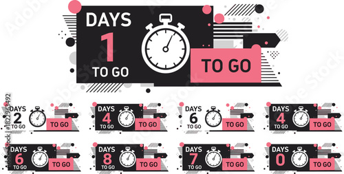 Modern countdown timer banner set, abstract geometric design, days to go labels, event reminder graphics, sale promotion countdown templates, minimal style