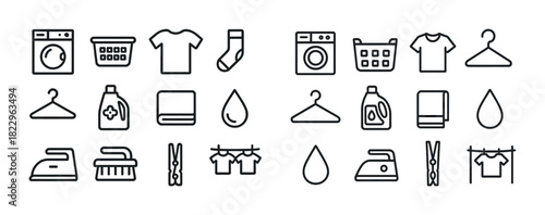 Laundry icons set: washing machine, hanger, detergent, iron, clothesline