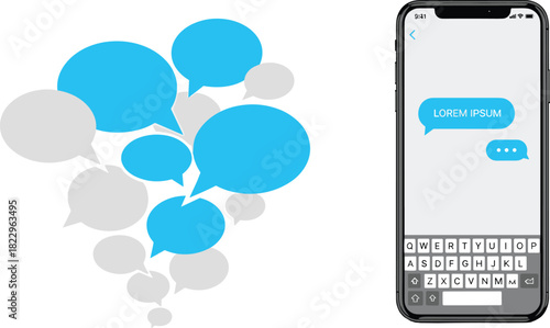 Mobile chat bubbles illustration forming cluster, smartphone messaging interface, digital communication concept, texting conversation design for modern social media applications