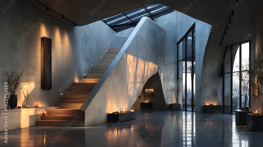 Obraz premium Modern interior architecture featuring a beautifully illuminated atrium with a stylish staircase and elegant decor