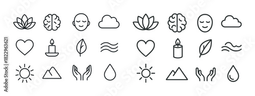 Minimalist wellness icons: nature, meditation, relaxation, and healing symbols