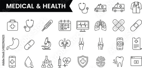 Medical icons set, healthcare symbols, hospital equipment, doctor tools, health app, anatomy, emergency, diagnostics, treatment, wellness, protection, medicine, surgery