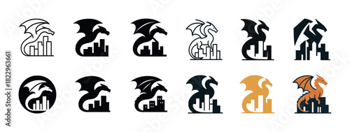 Dragon silhouettes and logos with city skyline elements