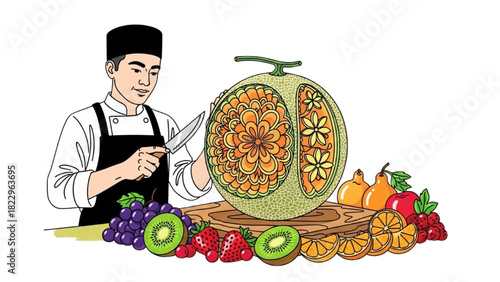 Melon Art Sculpture – Black Outline Colorful Contour of Food Artist Creating Intricate Fruit Design