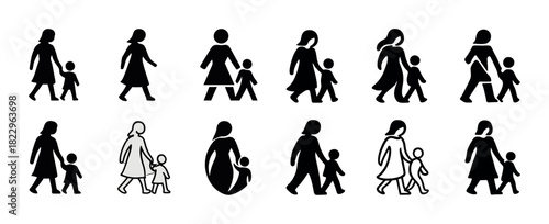 Silhouette icons of female figures with children: diverse walking poses