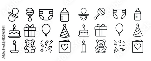 Baby essentials icons: pacifier, rattle, diaper, bottle, gift, balloon, teddy bear, candle