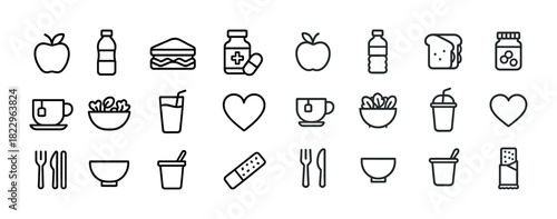 Healthy food and drink icons set: fruit, beverage, meal, snacks