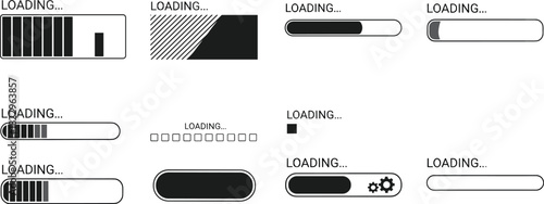 Loading bar icon set, progress indicators, buffering graphics, user interface elements, download progress bars, UI loading animation symbols, web design essentials