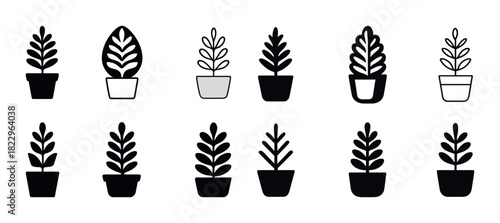Black and white potted plant icons collection for design projects