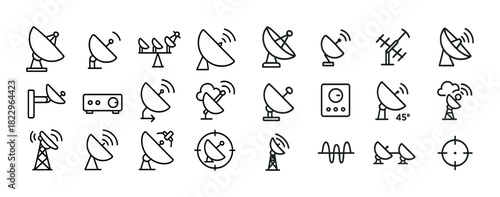 Various satellite dish antenna icons in line art style