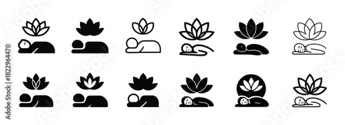 Icon set of serenity and relaxation with lotus and person silhouettes