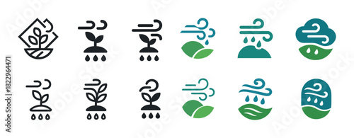 Set of weather and plant growth icons illustrating environmental elements