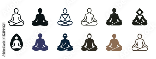Collection of diverse meditative human silhouettes in various poses