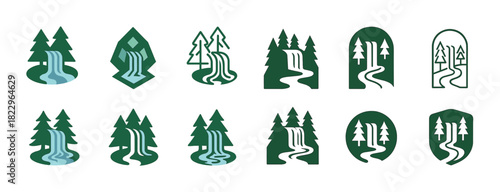 Nature icons: abstract waterfalls and trees in green tones
