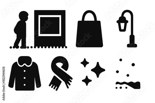 Nocturnal Shopping Icons. Window shopping at night. Filled icon set of window shopping at night: person
