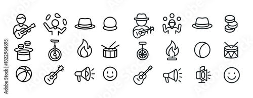 Musical icons and symbols including guitar, hat, unicycle, and drum