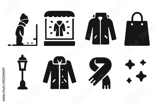 Nocturnal Shopping Icons. Window shopping at night. Filled icon set of window shopping at night: person