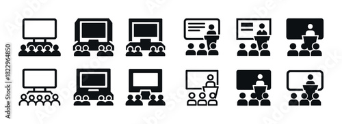 Icons of business presentations and conferences with audiences