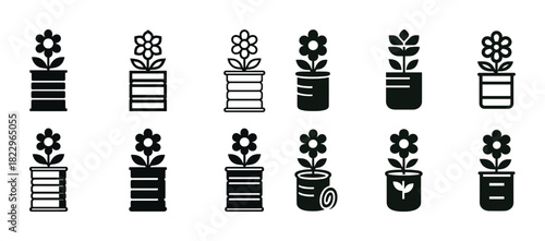 Set of iconic flower pots with blossoming plants in various styles
