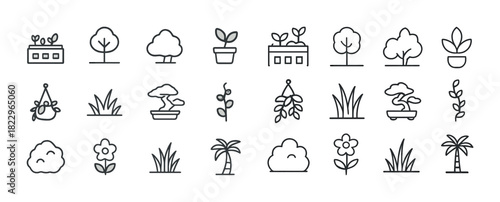 Minimalist line art icons of trees, plants, and bonsai
