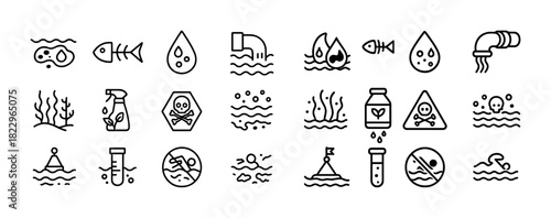 Water pollution icons outline monochrome simple set
