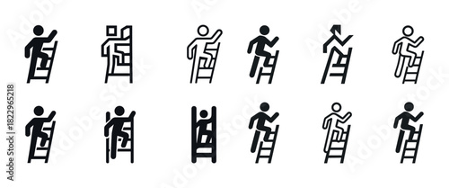 Set of ladder climbing icons with various poses in black and white