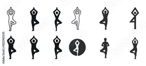 Set of tree pose yoga icons in various styles