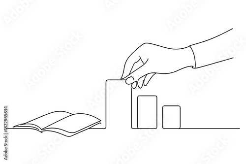 Organized Workspace. Prioritizing Work. Minimalistic one-line drawing hand placing tasks in order on desk with