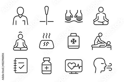 Pain Management Icons. Pain management plan icons. Line outline icon set of pain management plan icons:
