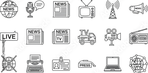  video camera, retro tv, radio tower, speech bubble, online news, digital media, news icons, icon set, line art