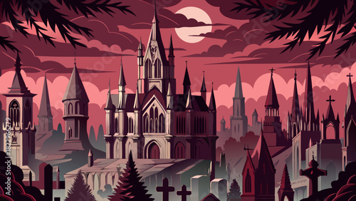 Gothic church and cemetery at night under a full moon, rendered in a dark red, moody, Victorian, high-contrast, stylized vector art style.