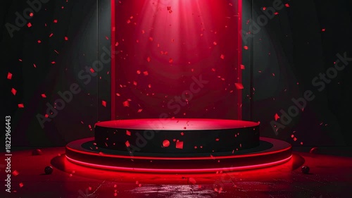 Empty black and red podium with spotlight and falling confetti. 3D rendered stage for product presentation, award ceremony, or special event. Modern, futuristic background for celebration.