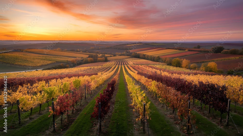 Naklejka premium Vibrant Autumn Vineyard Landscape at Golden Hour with Rows of Colorful Grapes Under a Fiery Sunset Sky