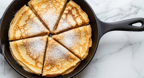 Classic Cut Crepes or Pancakes Dusted with Powdered Sugar in a Cast Iron Skillet , Breakfast or Dessert Top View