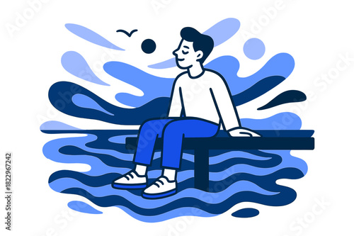 Peaceful Pier Contemplation. Calm Ocean. Person sitting on a pier with legs dangling over still water,