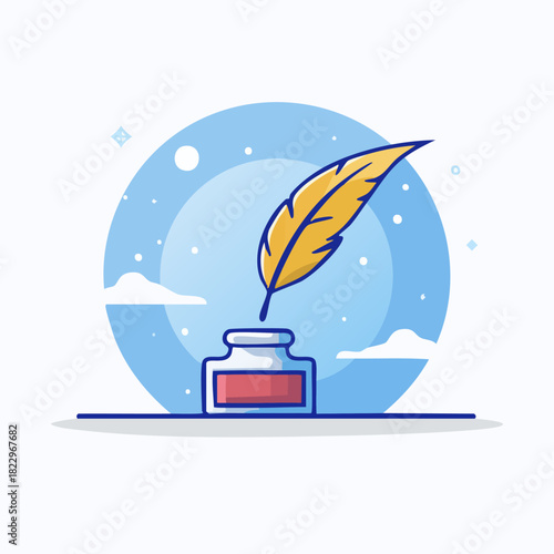 Vintage yellow quill feather pen and inkwell illustration.