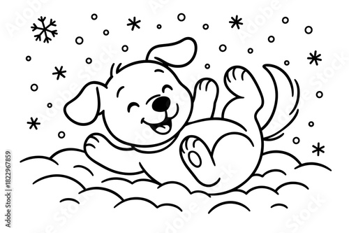 Playful Pup Coloring Page. Snowy pup fun children?s coloring book illustration, outlined drawing, playful dog