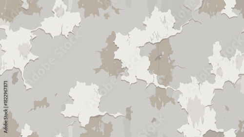 Abstract seamless background pattern resembling peeling paint or urban camouflage in neutral, earthy tones of beige, brown, and gray. Textured, grungy, and trendy design for fashion, print, and brandi