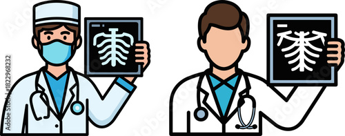 Two doctors holding X-ray images of ribcage and lungs, one wearing a face mask, in a modern healthcare setting on a transparent background