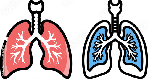 Illustration of human lungs with a transparent background, depicting healthy and unhealthy organs with distinct colors and branch patterns, ideal for medical and educational uses.