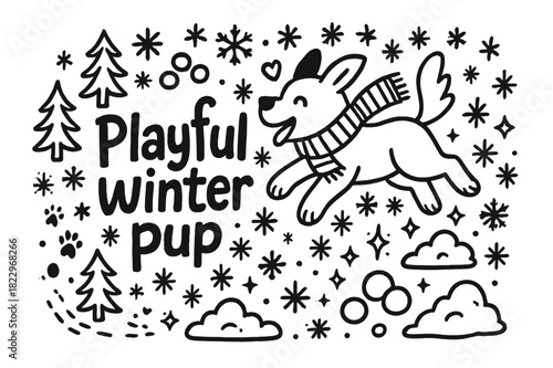 Playful Winter Pup. Playful winter pup. Hand-drawn doodle illustration of playful winter pup. Dog jumping,