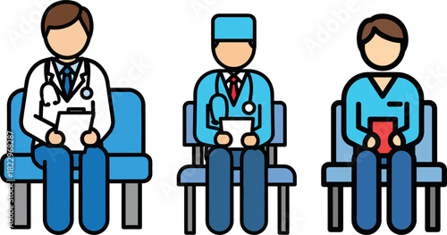 Three people sitting on chairs in a waiting room, a doctor, a nurse, and a patient, diverse attire, clear background, vector illustration, flat design style