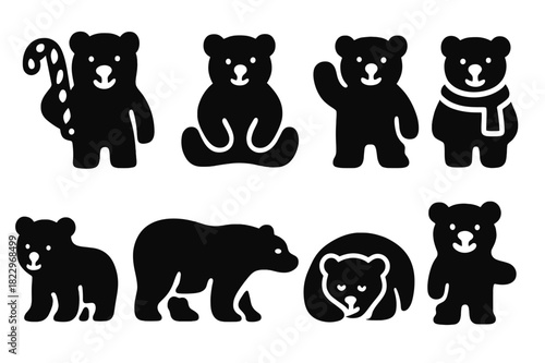 Polar Bear Icons. Polar bear with candy cane. Filled icon set of polar bear with candy cane: polar bear