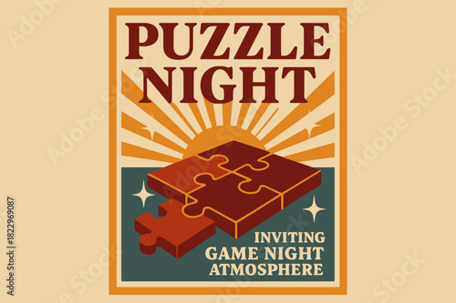 Puzzle Night Invitation. Puzzle Night ? Retro Poster; bold serif letters, centered layout; halftone sunburst,