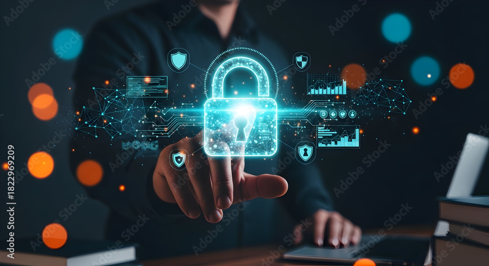 Obraz premium Businessman hand touching a futuristic glowing digital padlock hologram with shield icons and bokeh lights symbolizing cyber security and data privacy