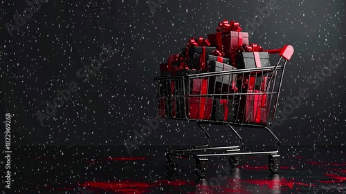 Animated scene of a supermarket trolley packed with elegant presents and gifts with red bows, standing in falling snow on a dark background. Perfect for holiday sales and special offers.